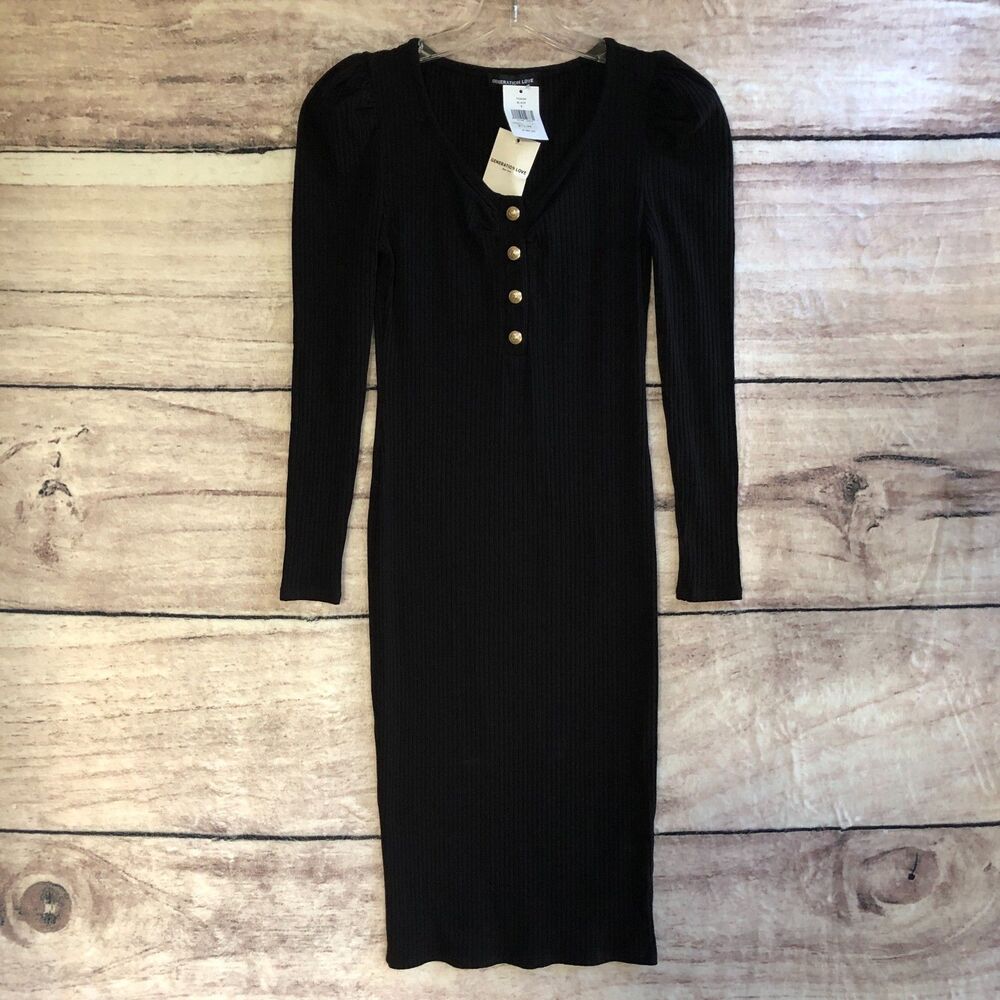 Generation Love Dress S Black Ribbed Zora Midi Puff Sleeve Gold Button Henley
